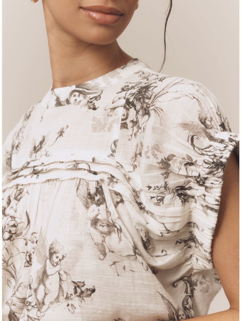Pilcro Cream Blouse with Black Angel & Floral Sketch Print
